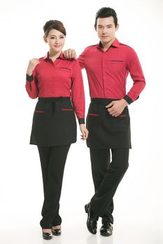 Wear clothing occupation Chinese waiters in white background