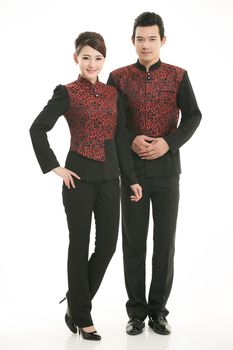 Wear clothing occupation Chinese waiters in white background