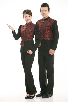Wear clothing occupation Chinese waiters in white background
