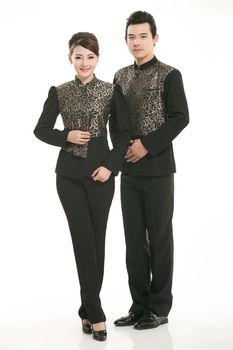 Wear clothing occupation Chinese waiters in white background