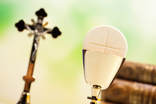 Eucharist, sacrament of communion, bright background, saturated concept