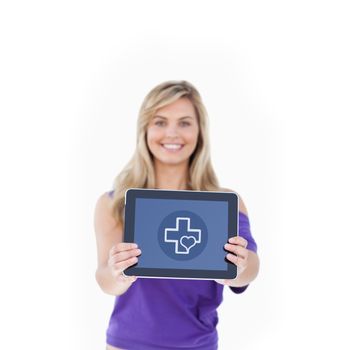 Tablet computer being held by a blonde woman against heart and cross