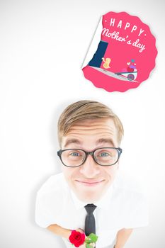 Geeky hipster holding a red rose against chick with wheelbarrow of hearts