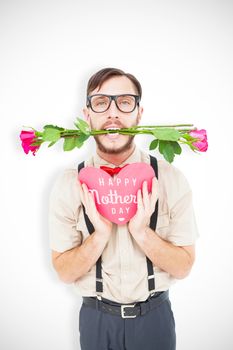 Geeky hipster offering valentines gifts against mothers day greeting