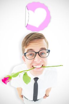 Geeky hipster holding a red rose in his teeth against mothers day greeting