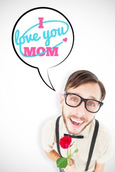 Geeky lovesick hipster holding rose  against mothers day greeting