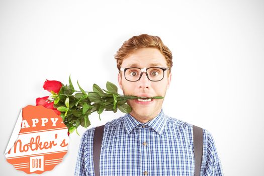 Geeky hipster biting a bunch of roses against mothers day greeting