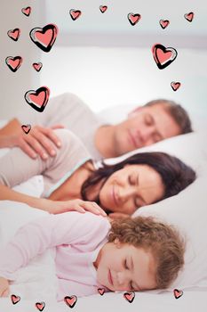 Family sleeping on the bed against red hearts
