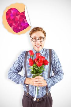 Geeky hipster holding a bunch of roses against heart