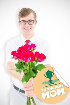 Geeky hipster offering bunch of roses against mothers day greeting