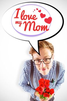 Geeky hipster holding a bunch of roses against mothers day greeting