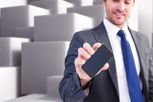 Businessman showing his smartphone screen against abstract white design