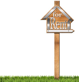 Wooden and metallic sign in the shape of house with text for rent and wooden pole. For rent real estate sign isolated on white background with green grass