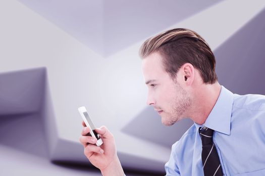 Businessman looking at phone against abstract white room