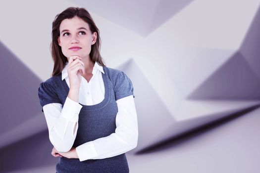 Thoughtful blonde woman with hand on chin  against abstract white room