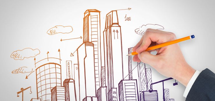 Hand writing with a pencil against white background with vignette