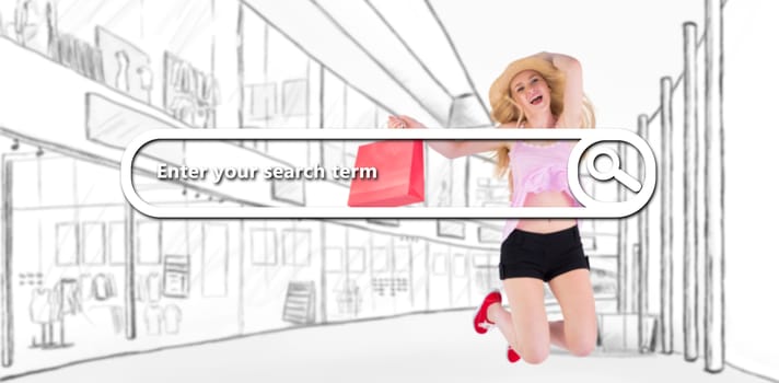 Pretty young blonde holding shopping bags against search engine 