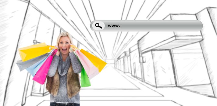 Blonde in winter clothes holding shopping bags against search engine 
