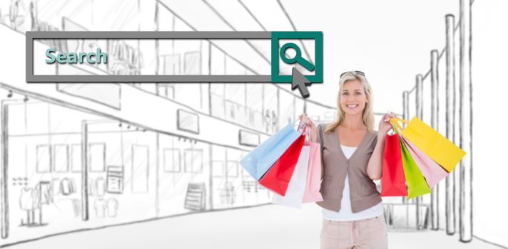 Happy blonde holding shopping bags against search engine 