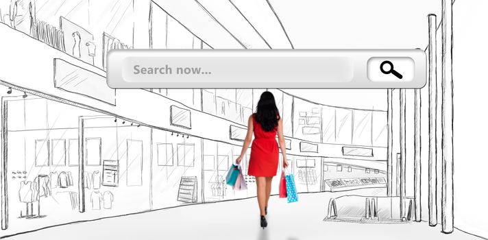 Woman standing with shopping bags against search engine 