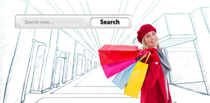 Blonde in winter clothes holding shopping bags against search engine 