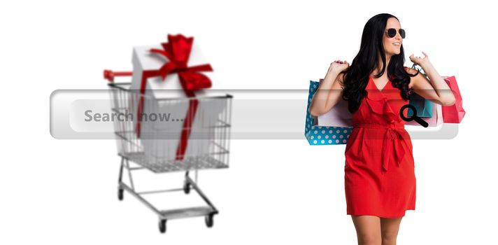 Woman standing with shopping bags against search engine 