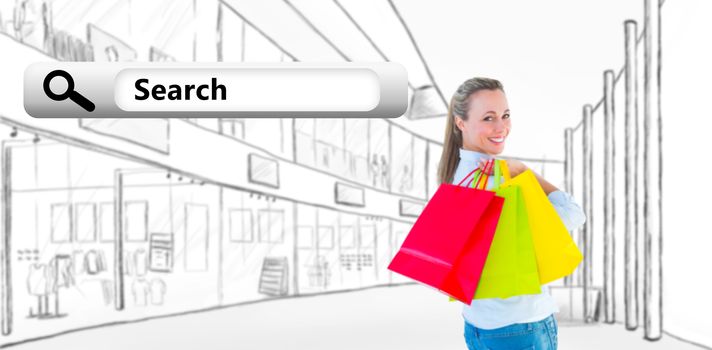 Smiling blonde holding shopping bags against search engine 