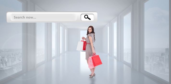Elegant brown hair posing with shopping bags against bright white hall with columns