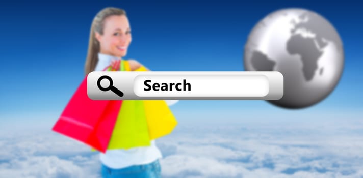 Smiling blonde holding shopping bags against blue sky over clouds at high altitude
