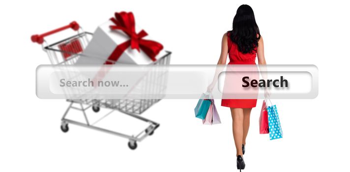 Woman standing with shopping bags against search engine 