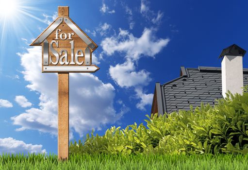 Sign in the shape of house with text for sale and wooden pole. For sale real estate sign on blue sky with roof, clouds and sun rays
