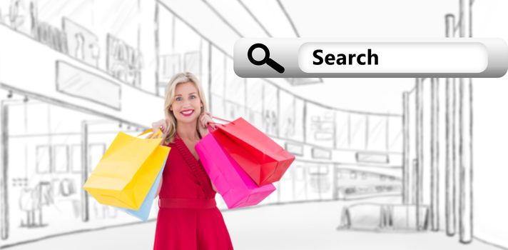 Stylish blonde in red dress holding shopping bags against search engine 