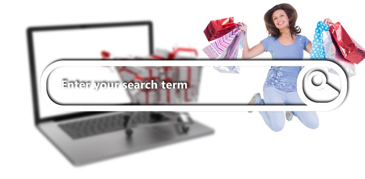 Excited brunette jumping while holding shopping bags against search engine 