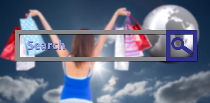 Rear view of a brunette woman raising shopping bags against sky 