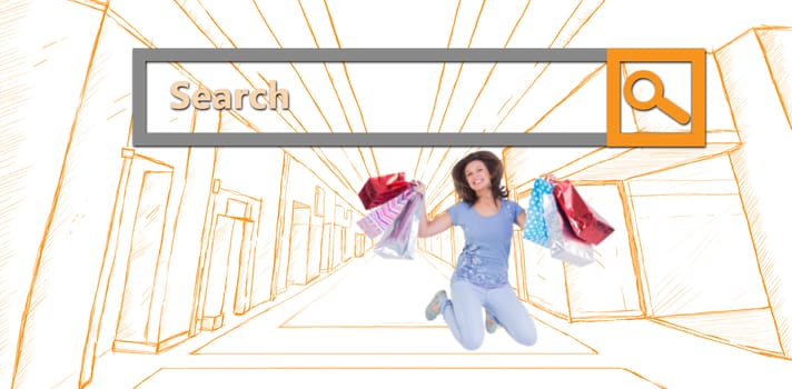 Excited brunette jumping while holding shopping bags against search engine 