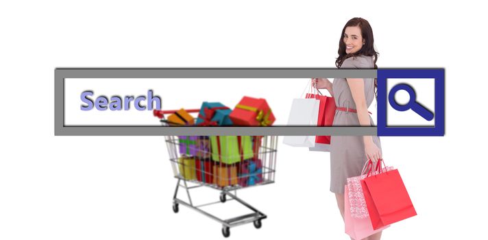 Elegant brown hair posing with shopping bags against search engine 