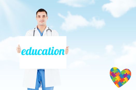 The word education and portrait of a doctor holding a blank panel against blue sky