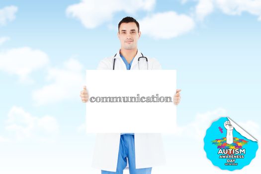 The word communication and portrait of a doctor holding a blank panel against blue sky