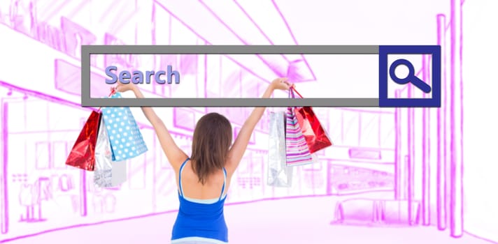 Rear view of a brunette woman raising shopping bags against search engine 