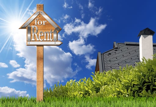 Sign in the shape of house with text for rent and wooden pole. For rent real estate sign on blue sky with roof, clouds and sun rays