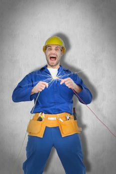 Repairman screaming while holding wires against white background