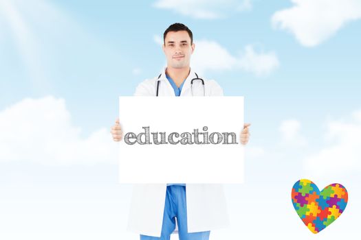 The word education and portrait of a doctor holding a blank panel against blue sky