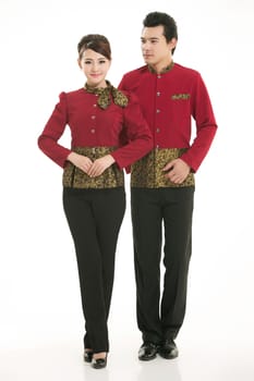 Wear clothing occupation Chinese waiters in white background