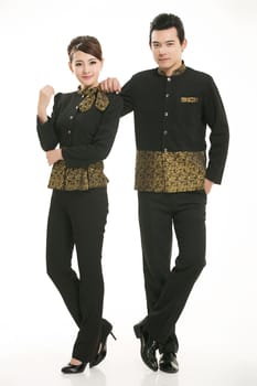 Wear clothing occupation Chinese waiters in white background