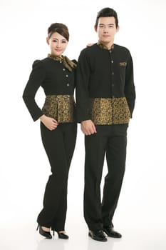 Wear clothing occupation Chinese waiters in white background