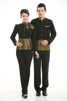Wear clothing occupation Chinese waiters in white background