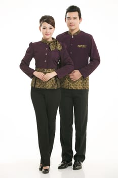 Wear clothing occupation Chinese waiters in white background