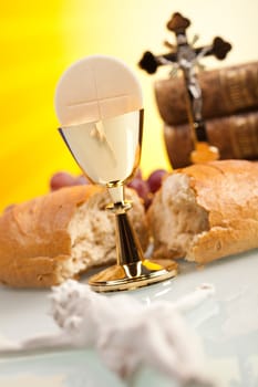 Eucharist, sacrament of communion, bright background, saturated concept