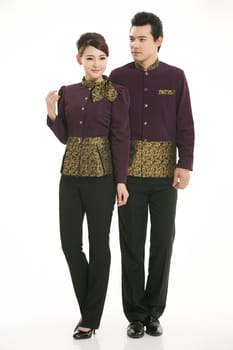 Wear clothing occupation Chinese waiters in white background