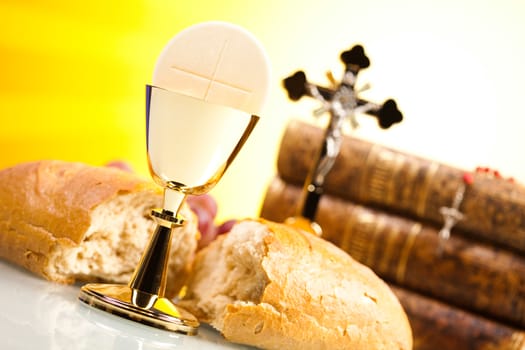Eucharist, sacrament of communion, bright background, saturated concept